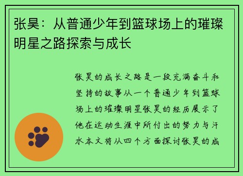 张昊：从普通少年到篮球场上的璀璨明星之路探索与成长